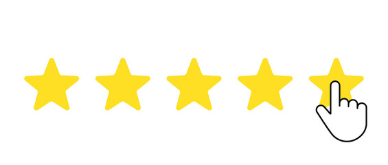 Five star icons with finger pointer. 5 out of 5 stars rating isolated on white background. Positive customer review or product rating.