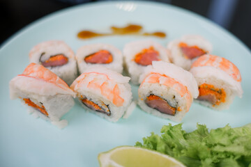 Japanese roll with shrimp and salmon with white rice