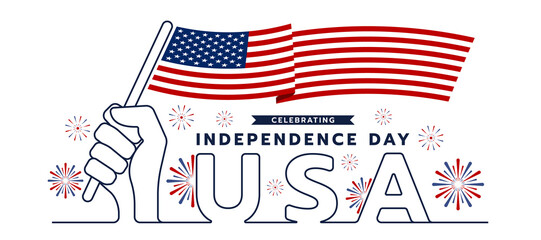 Celebrating independence day USA, abstract line hand hold American flag and firework around vector design