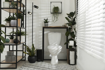 Stylish bathroom interior with toilet bowl and many beautiful houseplants