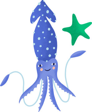 Funny Squid Childish Cartoon Illustration