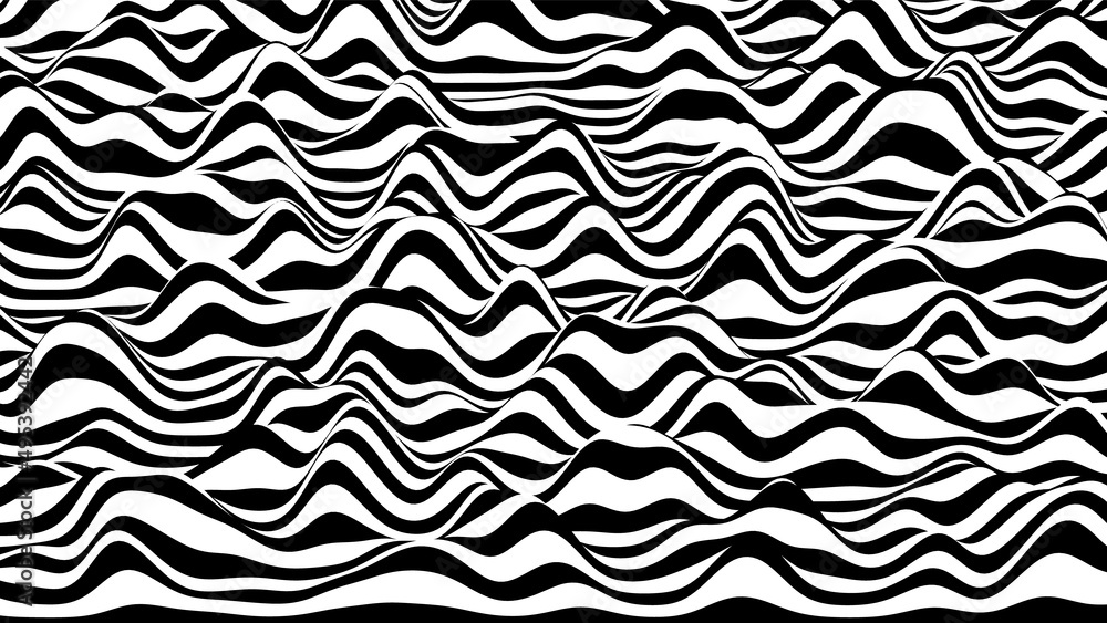 Poster 3d black and white ripple stripes distorted backdrop. abstract procedural noise surface.