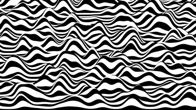 3D black and white ripple stripes distorted backdrop. Abstract procedural noise surface.