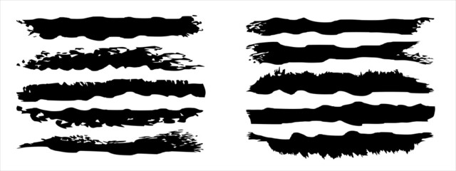 Vector collection of artistic grungy black paint hand made creative brush stroke set isolated on banner background. A group of abstract grunge sketches for design education or graphic art decoration