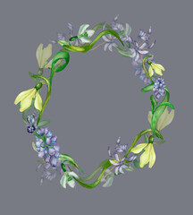 Purple, blue spring flowers watercolor wreath, frame isolated on white
