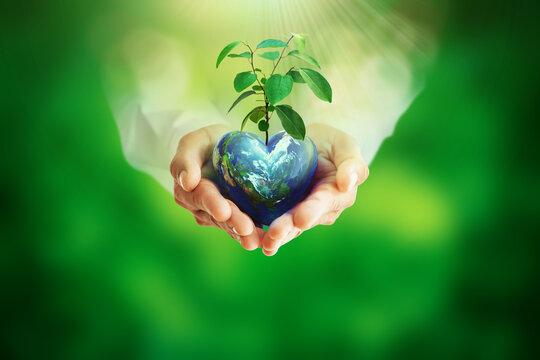 Human hands holding globe ball and tree in on blurred green bokeh background and Card for World Earth Day ,Saving environment, protect clean planet and safe ecology
