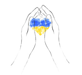 Watercolor painted Ukranian flag heart shape with abstract stains in line hands.