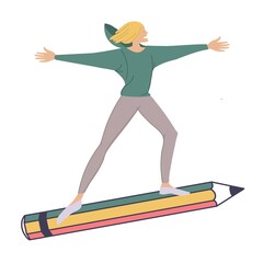 A young happy girl standing on a giant pencil. Writer, bloggers, journalists, interviewer, screenwriter, copywriter, author, draftsman. A character in a flat vector illustration