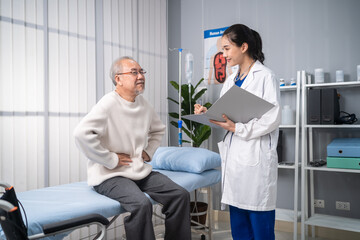 Fototapeta premium Asian senior man patient visit and consult health problem with doctor. 