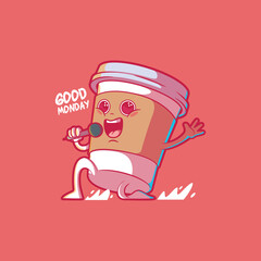 Cute Coffee Cup singing vector illustration. Motivation, funny, inspiration design concept.