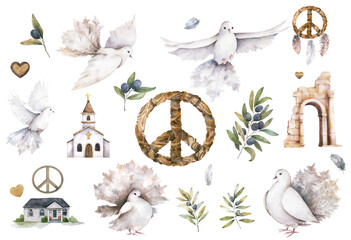 dove and olive branch, peace sign, watercolor illustration, watercolor bird, dove of peace flies, no war, love, olives, peaceful sky, clipart - 495395232