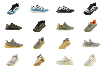 Sneakers collage. Variations of sneakers isolated on white background.