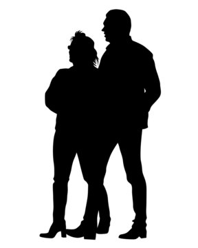 Young man and woman are standing next to each other. Isolated silhouette on a white background