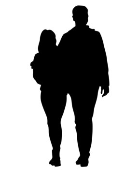 Young man and woman are standing next to each other. Isolated silhouette on a white background