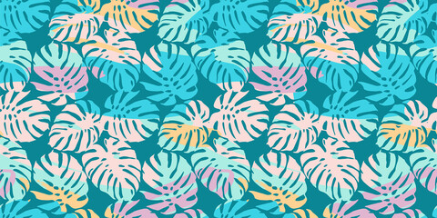 Fototapeta na wymiar Abstract art seamless pattern with tropical leaves. Modern exotic design