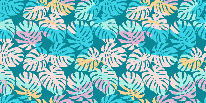 Abstract art seamless pattern with tropical leaves. Modern exotic design