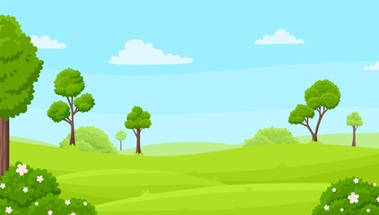 Green tree on hill landscape. Fields or park, beautiful meadow with blossom bushes. Cartoon morning and clouds on blue sky, nature view garish vector background