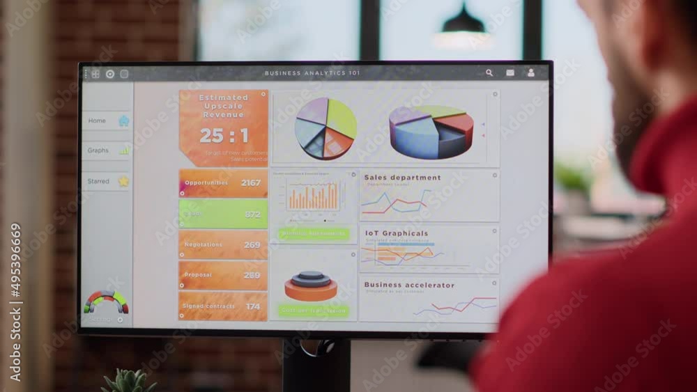 Poster office worker analyzing business charts and graphs on monitor display, planning marketing strategy w