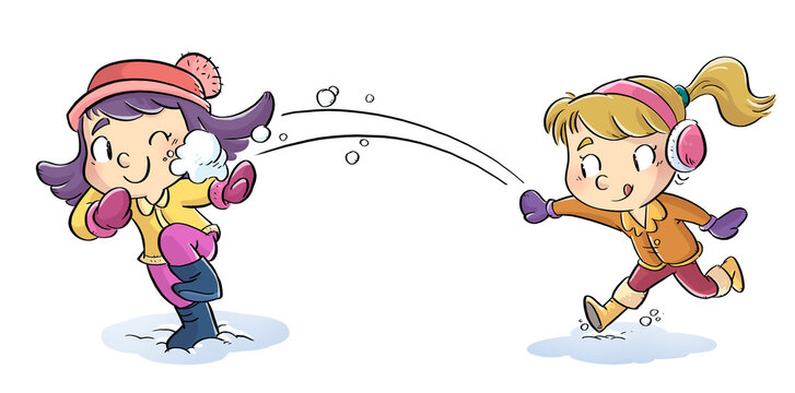 Illustration of little girl throwing a snowball to her friend