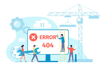 Error web page. 404 server mistake, modern alert computer system about internet trouble. Website construction process, digital maintenance recent vector scene