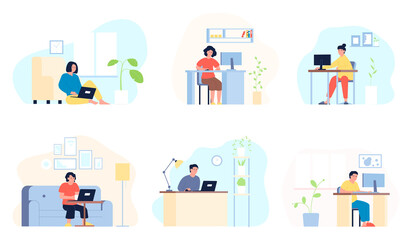 People in home office. Person computers education, working with laptop at house. Modern remote work, study and communication recent vector set