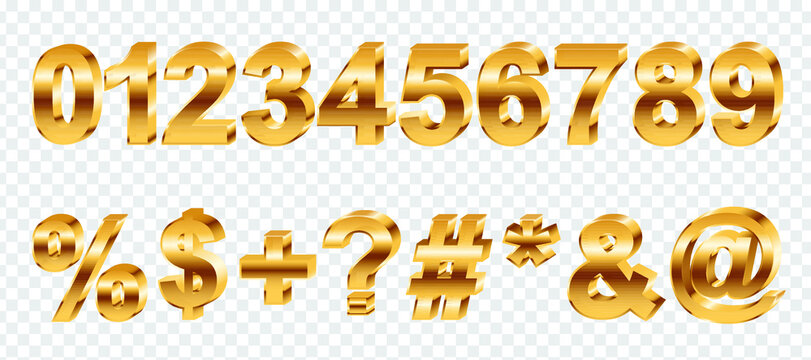 Realistic 3d bold gold numbers and symbol set. Vector illustration of Golden metallic calligraphic numbers. Modern lettering sign element collection for creative design