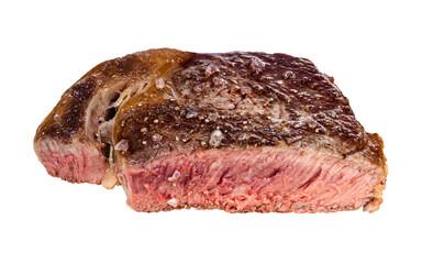 cut medium rare fried ribeye beef steak isolated on white background