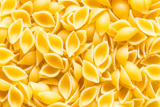food background from uncooked conchiglie pasta pieces close up