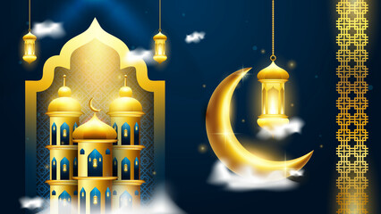 Ramadan kareem or eid mubarak background with moon and decorative lantern