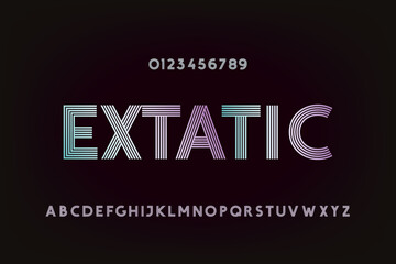 Extatic Hand Crafted Sans Serif Style Font Lettering - Five Stripes Retro Pop Style Grotesque Caps and Numerals on Black Background - Typography Graphic Design - obrazy, fototapety, plakaty