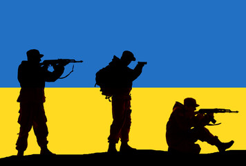 Flag of the Ukraine in original proportions. Concept of the Conflict between Ukraine and Russia. Military silhouettes fighting scene dark toned foggy background.