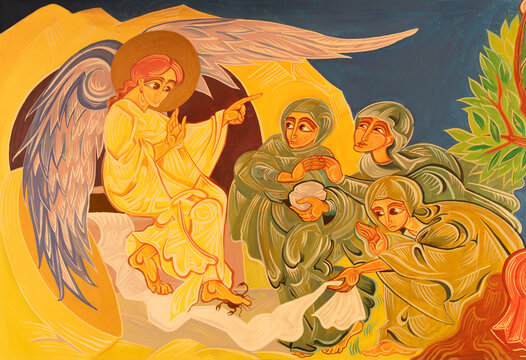 FORL&Iacute;, ITALY - NOVEMBER 11, 2021:   The detail of modern fresco of Vision of agnels to women at the tomb in the church Chiesa di San Giovanni Battista di Coriano by Franco Vignazia (1995 - 1997).