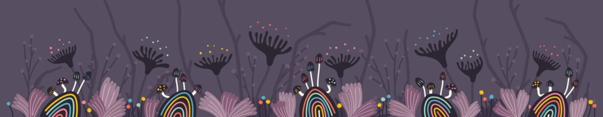 Fairytale mystical thickets with mushrooms. Banner with different plants, branches and mushrooms. Psychedelic art. Vector design elements