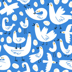 Cute naive seamless pattern with stylized birds and eggs.  Kids design for fabric or wallpaper. 