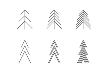 Fir tree  icons. Set of 6 geometric shape. Modern linear design sign.  Modern abstract linear shape and new year's traditional decor elements.  