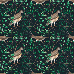 Watercolor hand-painted seamless pattern. Forest partridges