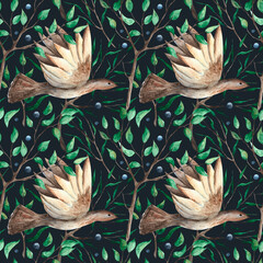 Watercolor hand-painted seamless pattern. Forest birds