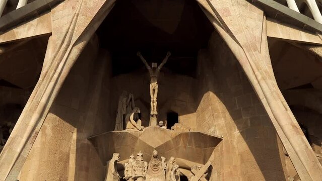 Sagrada Familia in Barcelona. Church in the Eixample district. Unusual appearance of the temple. The main attraction of Barcelona. Expiatory Temple of Spain. Architecture by Antonio Gaud&iacute;