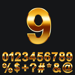 Golden number and symbol collection. realistic gold alphabet set. gradient vector illustration