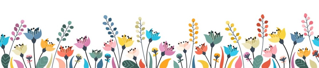 Large floral banner with different bright flowers. Rich flowery meadow. Design elements for decoration. Vector