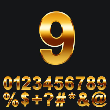 Golden number and symbol collection. realistic gold alphabet set. gradient vector illustration