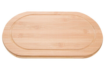 oval cutting board made of bamboo, on a white background
