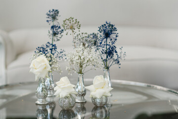 Coziness and style. Modern event design. Lounge zone and european traditional wedding ceremony decoration outdoors in the restaurant before the reception.