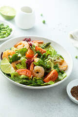 Healthy green salad with shrimps and avocado