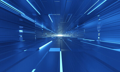 Futuristic blue tunnel empty. Illuminated corridor interior design, Neon Glowing Lights, 3D Rendering Illustration