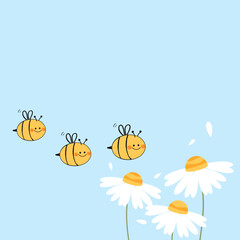 Bee cartoons and daisy flower field on blue background vector.