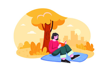 Obraz na płótnie Canvas A Little Girl Reading Under A Tree illustration concept