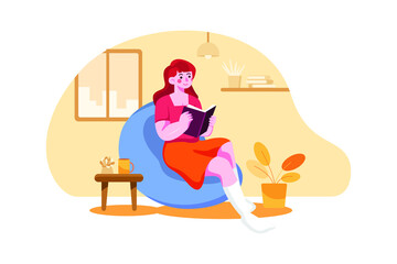 Girl Reading A Book At Home illustration concept