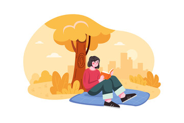 A Little Girl Reading Under A Tree illustration concept