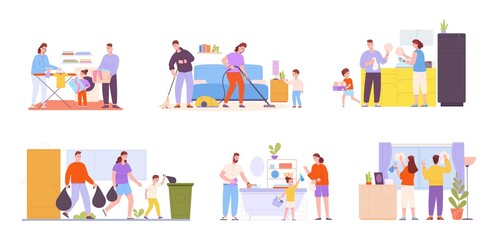 Fototapeta premium Family housework. Helpful kids help parents cleaning house, child helping home routine laundry bathroom closet kitchen, happy kid with vacuum or mop, splendid vector illustration